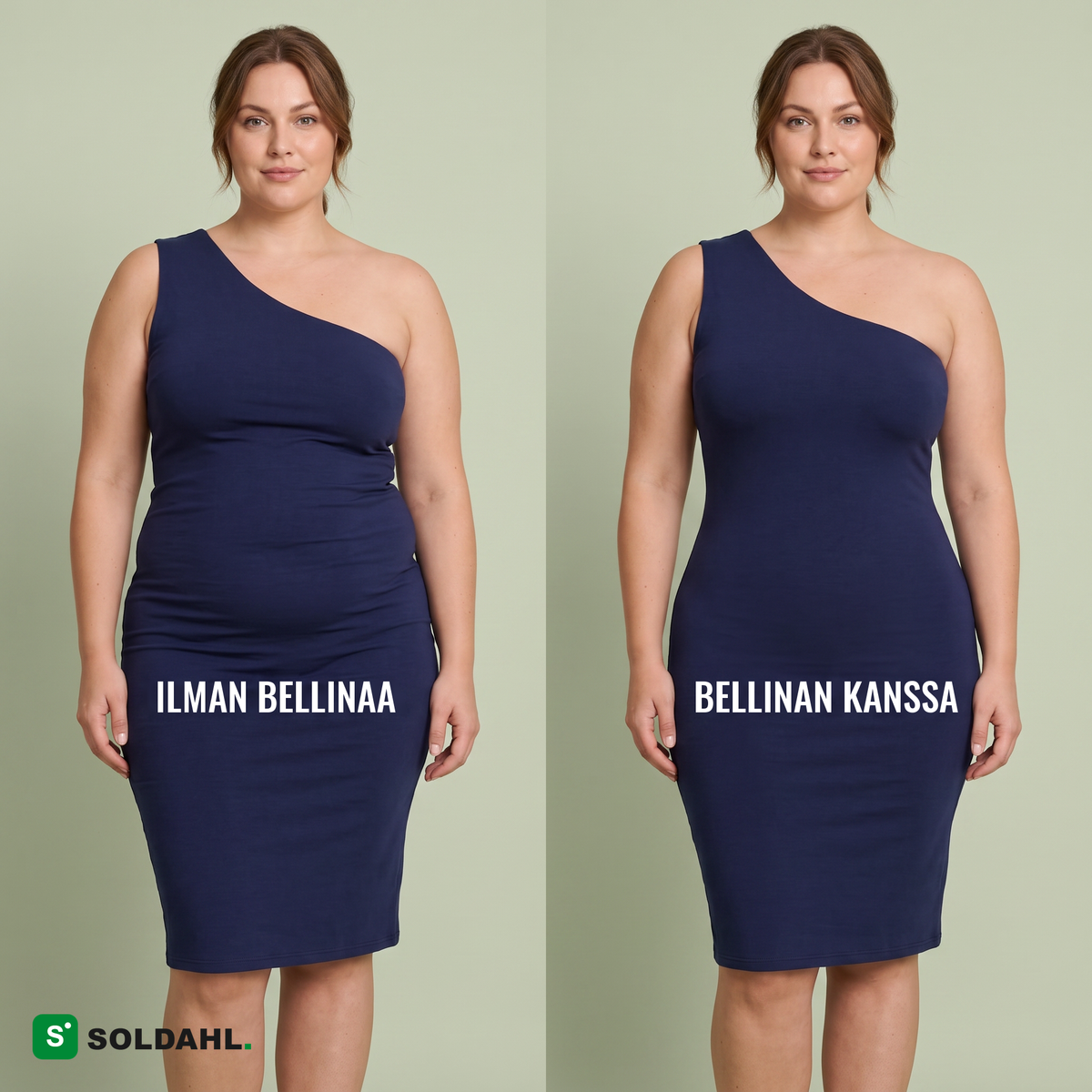 Sama tummansininen mekko ilman Bellinaa ja sen kanssa, tasaisempi linja vatsan yli