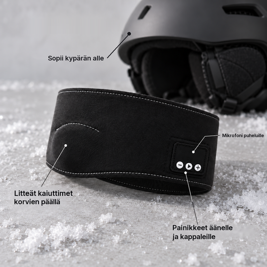 Soldahl Bluetooth-otsanauha, jossa litteät kaiuttimet ja mikrofoni laskettelukypärän alle