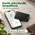 Musta pankkikortin kokoinen paikannin puhelimen vieressä, puhelin näyttää lompakon sijainnin kartalla