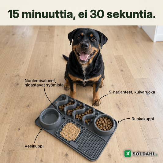 15 minuuttia, ei 30 sekuntia. Hidastavan ruokakupin vyöhykkeet: vesikuppi, S-harjanteet, nuoleskeluvyöhykkeet, ruokakuppi