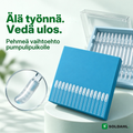 Soldahl Korvanpuhdistin, rasia tarttuvia silikonitikkuja jalustalla ja teksti Lopeta työntäminen, aloita vetäminen