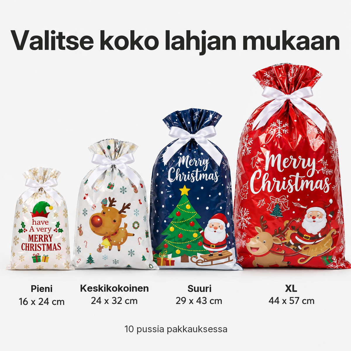 Koot pieni 16x24, keskikokoinen 24x32, suuri 29x43 ja XL 44x57 cm