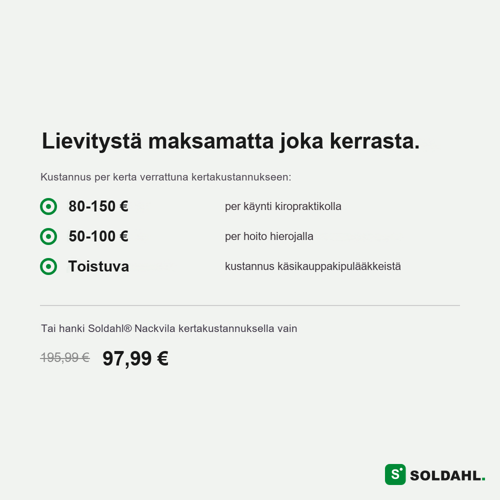 Kustannusvertailu: Soldahl® Nackvila kertakustannus vs. kiropraktikko ja hieronta
