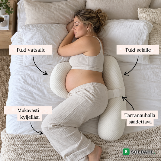 Tuki vatsalle ja selälle, pitää sinut kyljelläsi, säädettävä tarranauhalla
