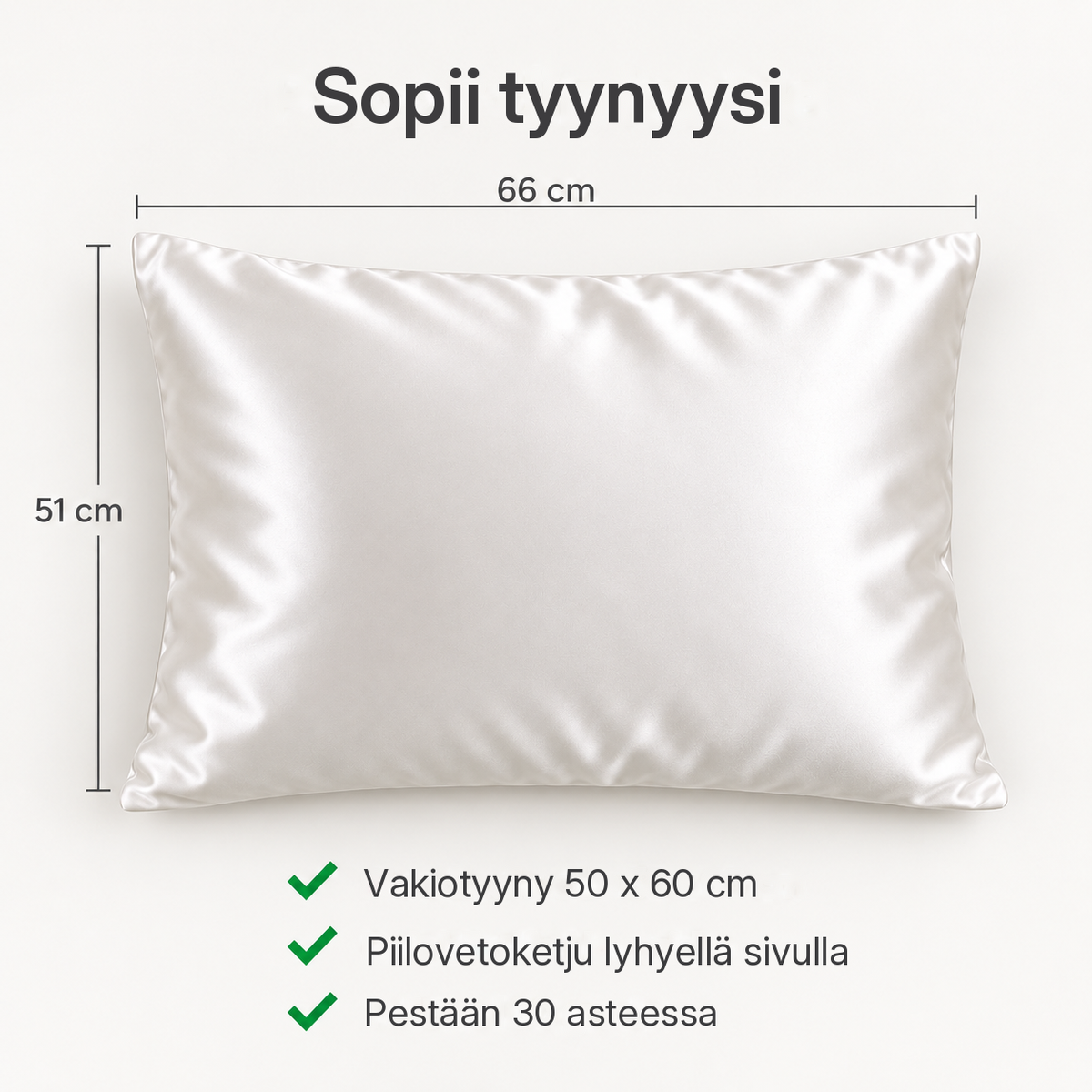 Mittaopas Soldahl Silkesro: 51 x 66 cm, sopii vakiotyynyyn 50 x 60 cm, piilovetoketju, pestään 30 asteessa