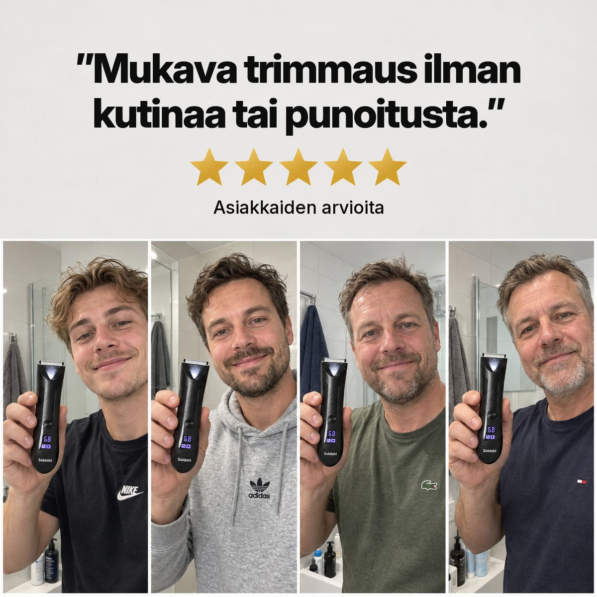 Neljä miestä Soldahl vartalotrimmerin kanssa ja asiakkaiden arvioita