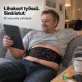 Mies sohvalla Soldahl vatsavyö vatsan ympärillä ja tabletti kädessä, teksti Lihakset tekevät työn. Sinä istut paikallasi.