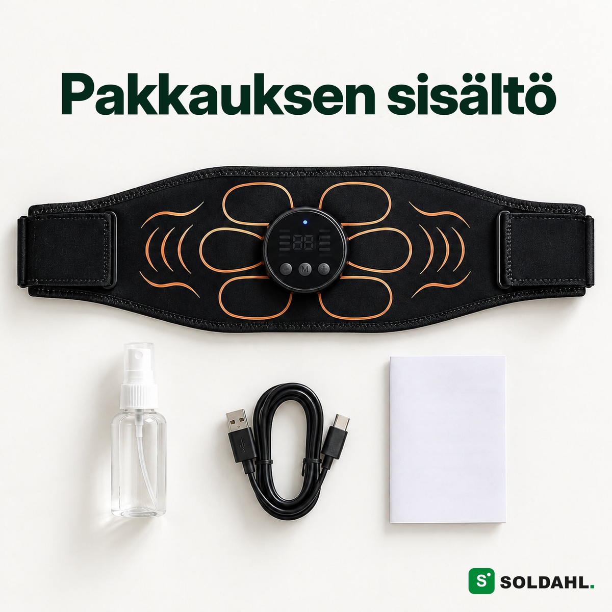 Tämä sisältyy: vatsavyö, ohjain, suihkepullo, USB-C-johto ja käyttöohje