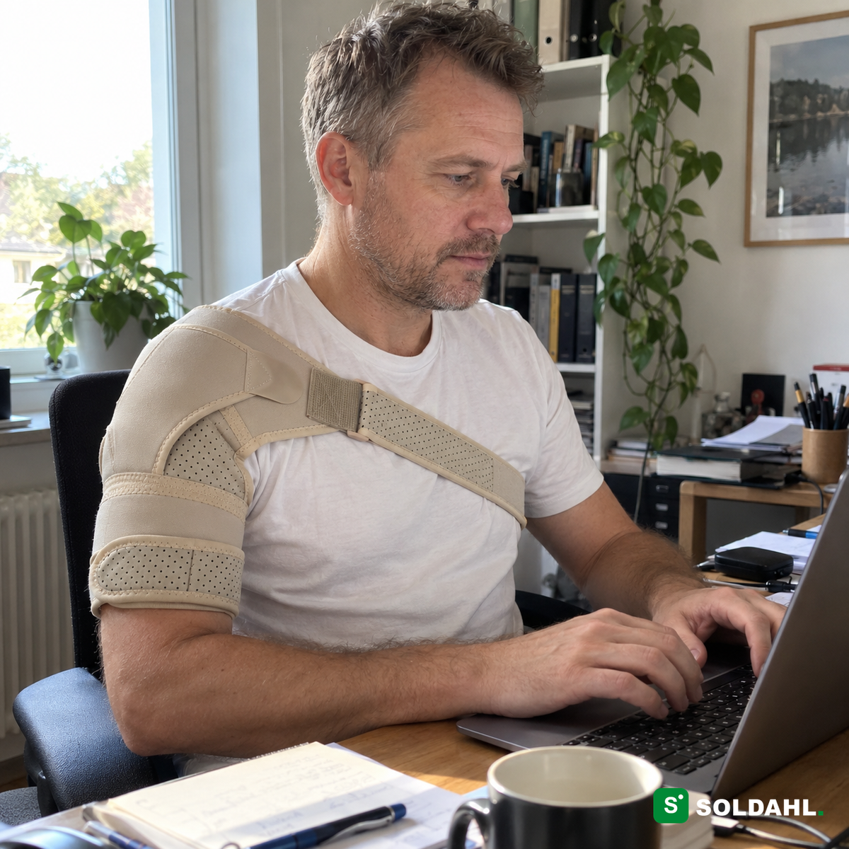 Mies Soldahl Axello olkatuki päällä kannettavan tietokoneen ääressä