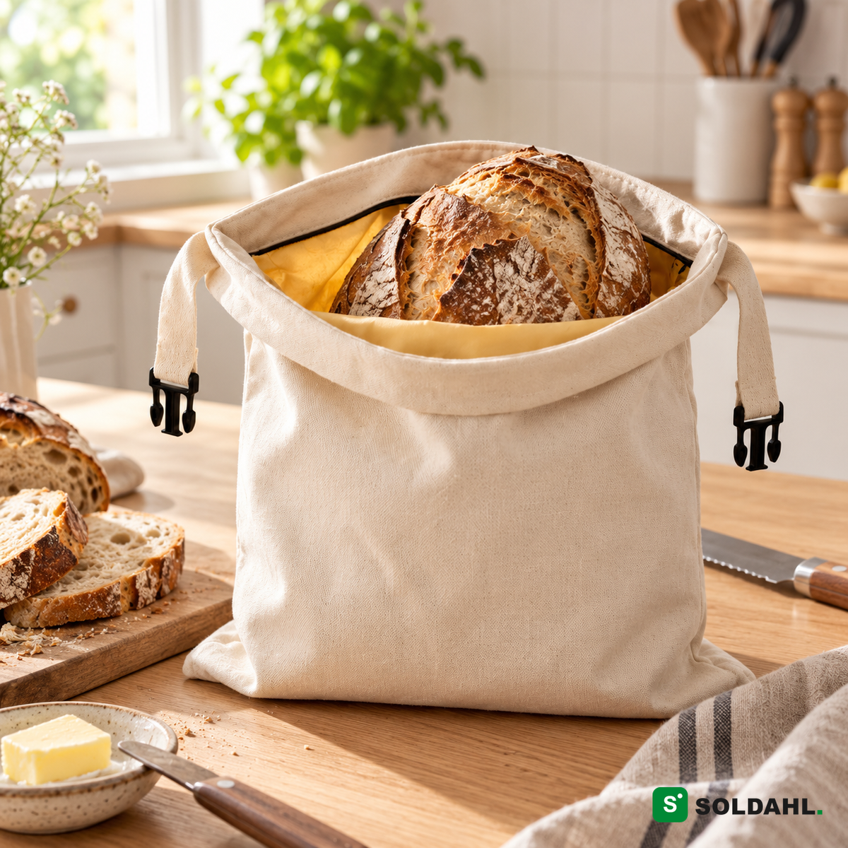 Mehiläisvahattu leipäpussi luonnonpuuvillaa, hapanjuurilimppu keittiötasolla