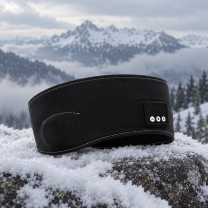Musta Bluetooth-otsanauha lumisella kivellä tunturissa