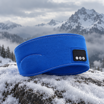 Sininen Bluetooth-otsanauha lumisella kivellä tunturissa