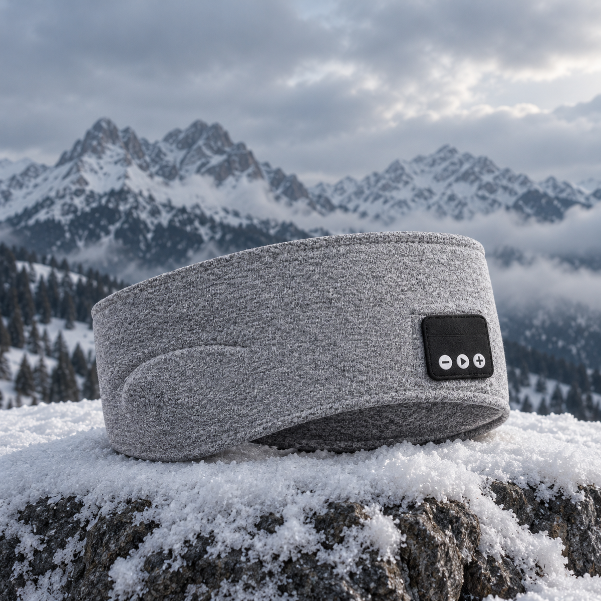 Harmaa Bluetooth-otsanauha lumisella kivellä tunturissa