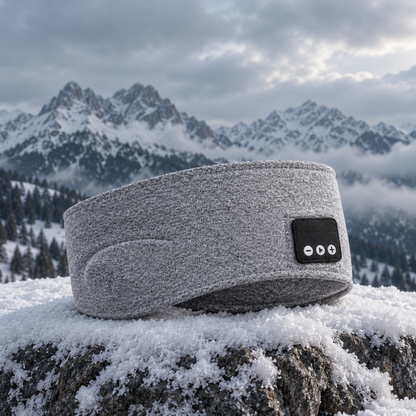 Harmaa Bluetooth-otsanauha lumisella kivellä tunturissa