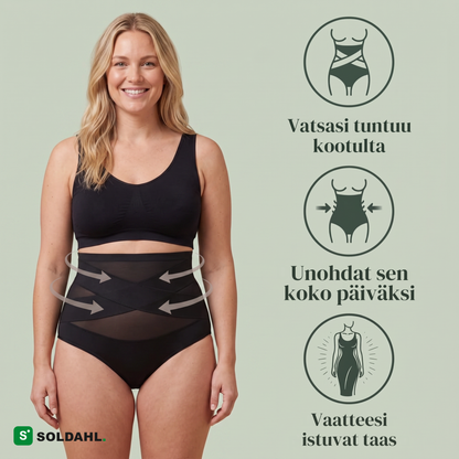 Näin Bellina toimii: ristikkäiset 360 nauhat kokoavat vatsan, pysyvät paikallaan koko päivän