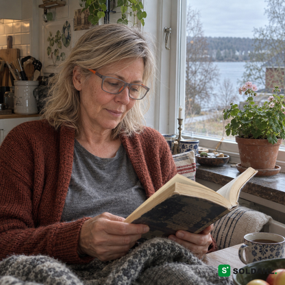 Nainen lukee taskukirjaa Bytfri lukulasit päässä keittiön ikkunassa