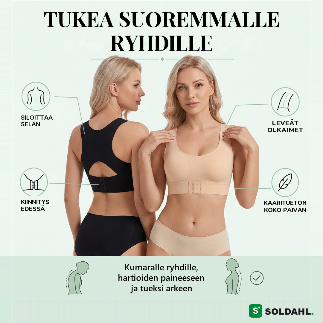 Soldahl Comfora kaarituettomat tukiliivit: ristikkäinen selkä, kiinnitys edessä, saumattomat kupit