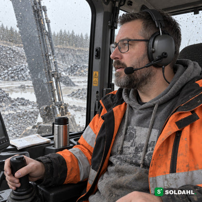 Koneenkuljettaja kaivinkoneen ohjaamossa kuulosuojaimet ja puomimikrofoni päässä