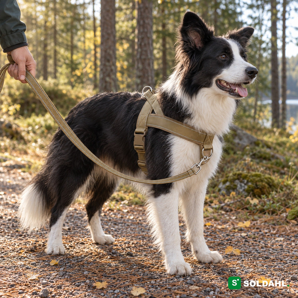 Bordercollie khakinväreissä vetoa estävissä valjaissa, kiinnitys rinnan edessä, metsäpolulla