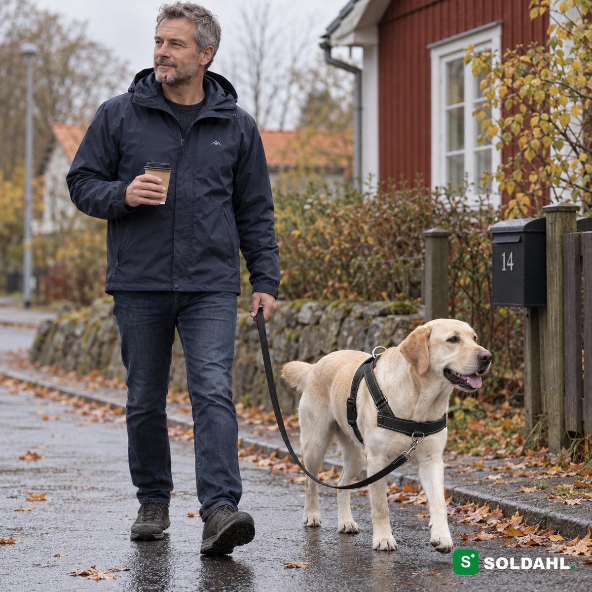 Mies kävelyttää keltaista labradoria mustissa vetoa estävissä valjaissa löysällä hihnalla syksyisellä omakotitalokadulla