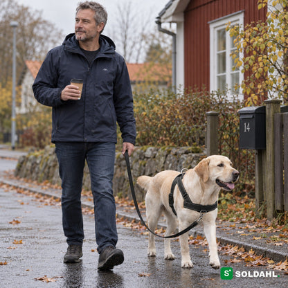 Mies kävelyttää keltaista labradoria mustissa vetoa estävissä valjaissa löysällä hihnalla syksyisellä omakotitalokadulla