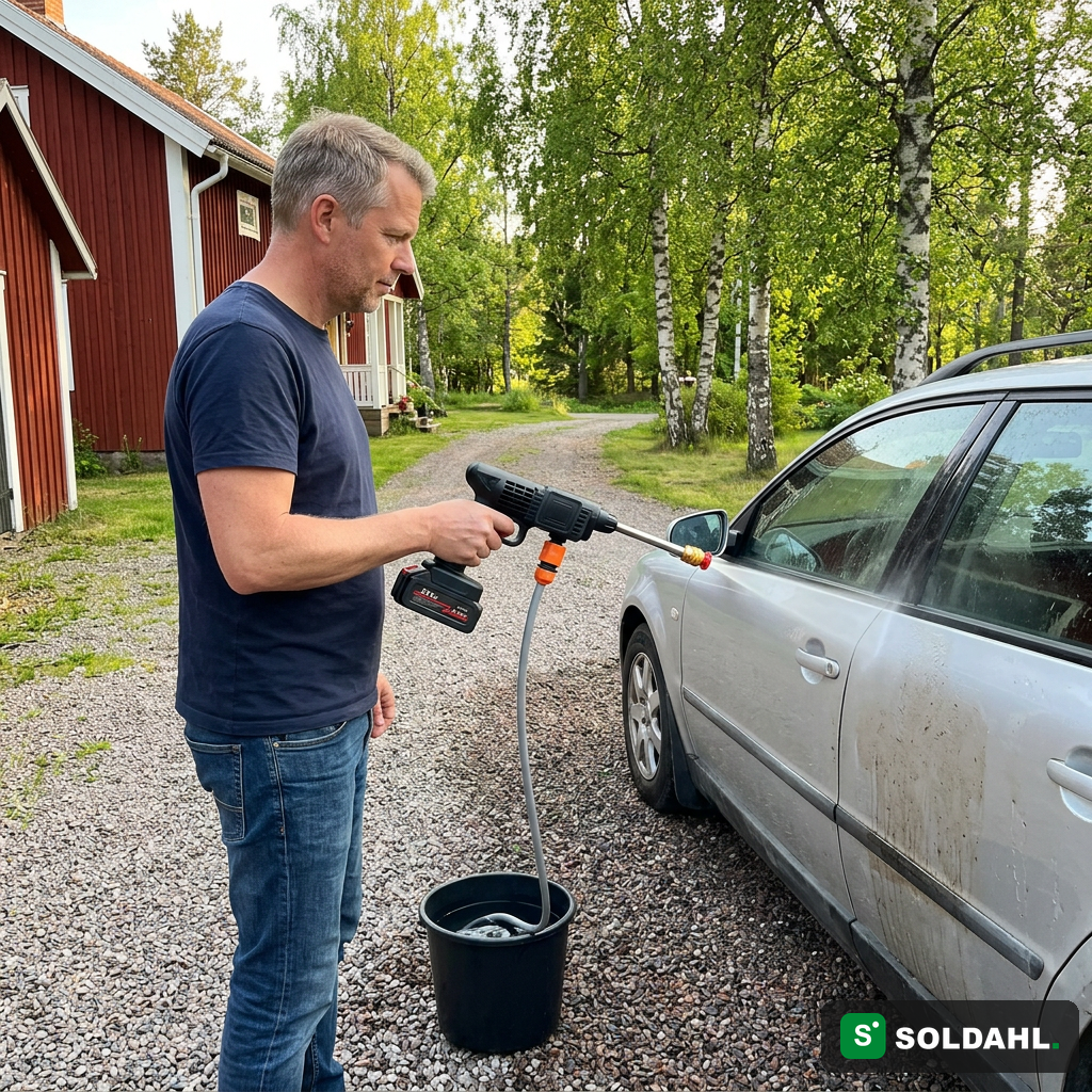 Auton pesu pihatiellä ämpärin vedellä, ilman vesihanaa ja ilman pistorasiaa
