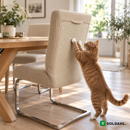 Beige tuolinpäällinen sisal-raapimispinnalla ruokapöydän tuolissa, kissa raapii selkänojaa
