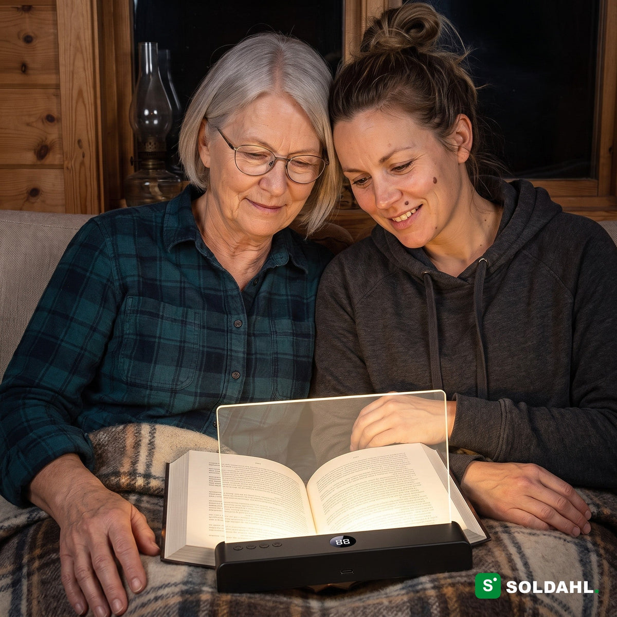 Äiti ja tytär lukevat yhdessä Läsron kanssa viltin alla illalla