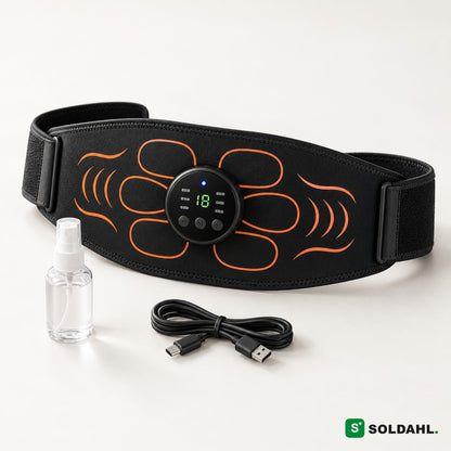 Musta EMS-vatsavyö oranssilla kuviolla, pyöreä ohjain, suihkepullo ja USB-C-johto