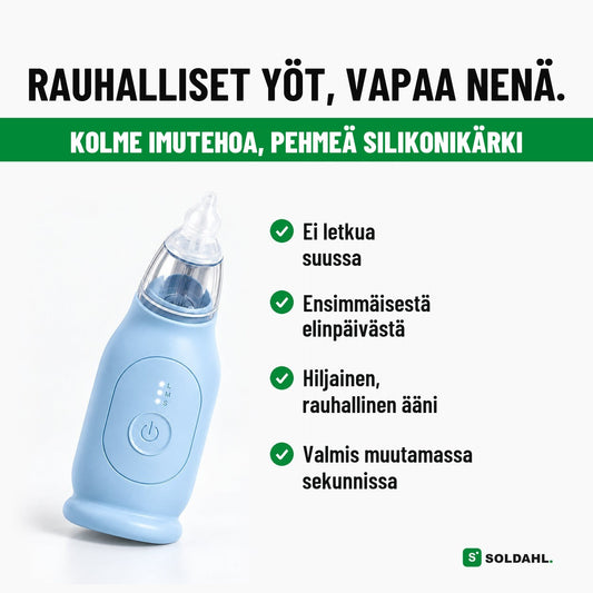 Soldahl Näsklar sähköinen nenäimuri: rauhalliset yöt, vapaa nenä, kolme imutehoa ja pehmeä silikonikärki