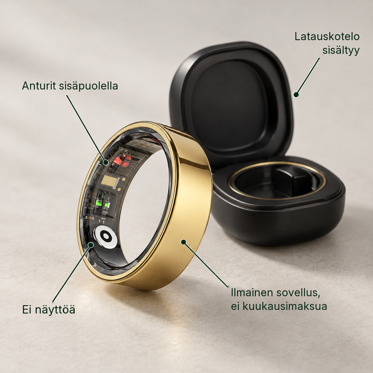 Soldahl Pulsring älysormus, anturit sisäpuolella, ja latauskotelo