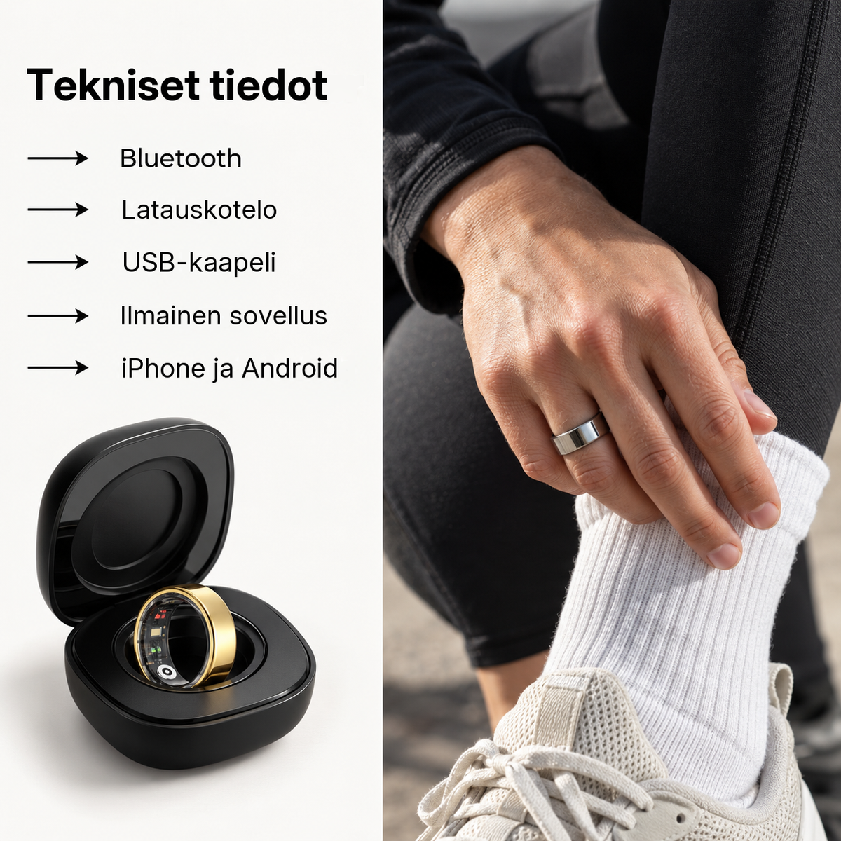 Älysormuksen tekniset tiedot ja latauskotelo