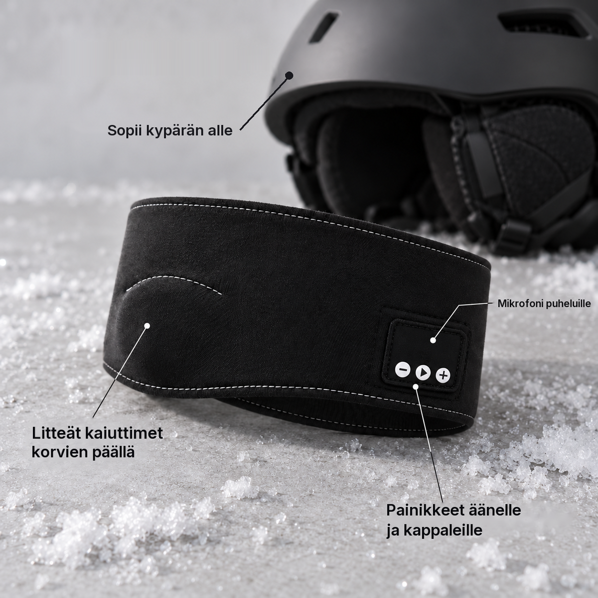 Soldahl Bluetooth-otsanauha, jossa litteät kaiuttimet ja mikrofoni laskettelukypärän alle