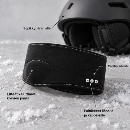 Soldahl Bluetooth-otsanauha, jossa litteät kaiuttimet ja mikrofoni laskettelukypärän alle