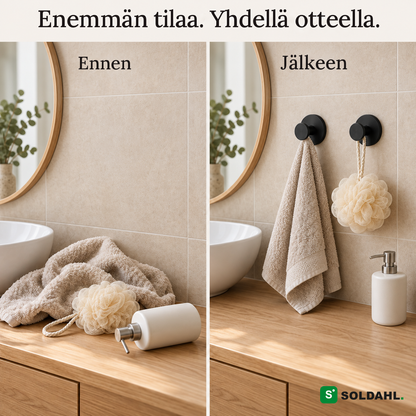 Ennen ja jälkeen Fastholm-imukuppikoukun asennuksen, mattamusta, laatalla