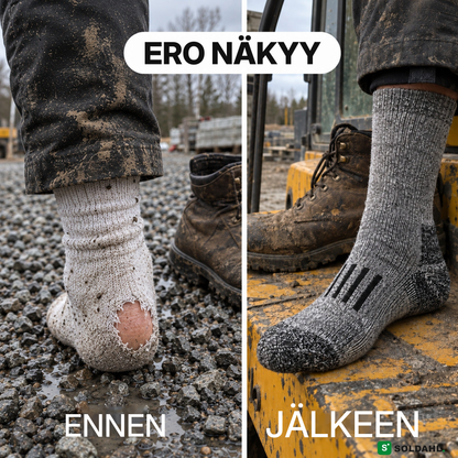 Ennen ja jälkeen, kulunut puuvillasukka, jonka kantapäässä on reikä, ja ehjä työsukka rakennustyömaalla