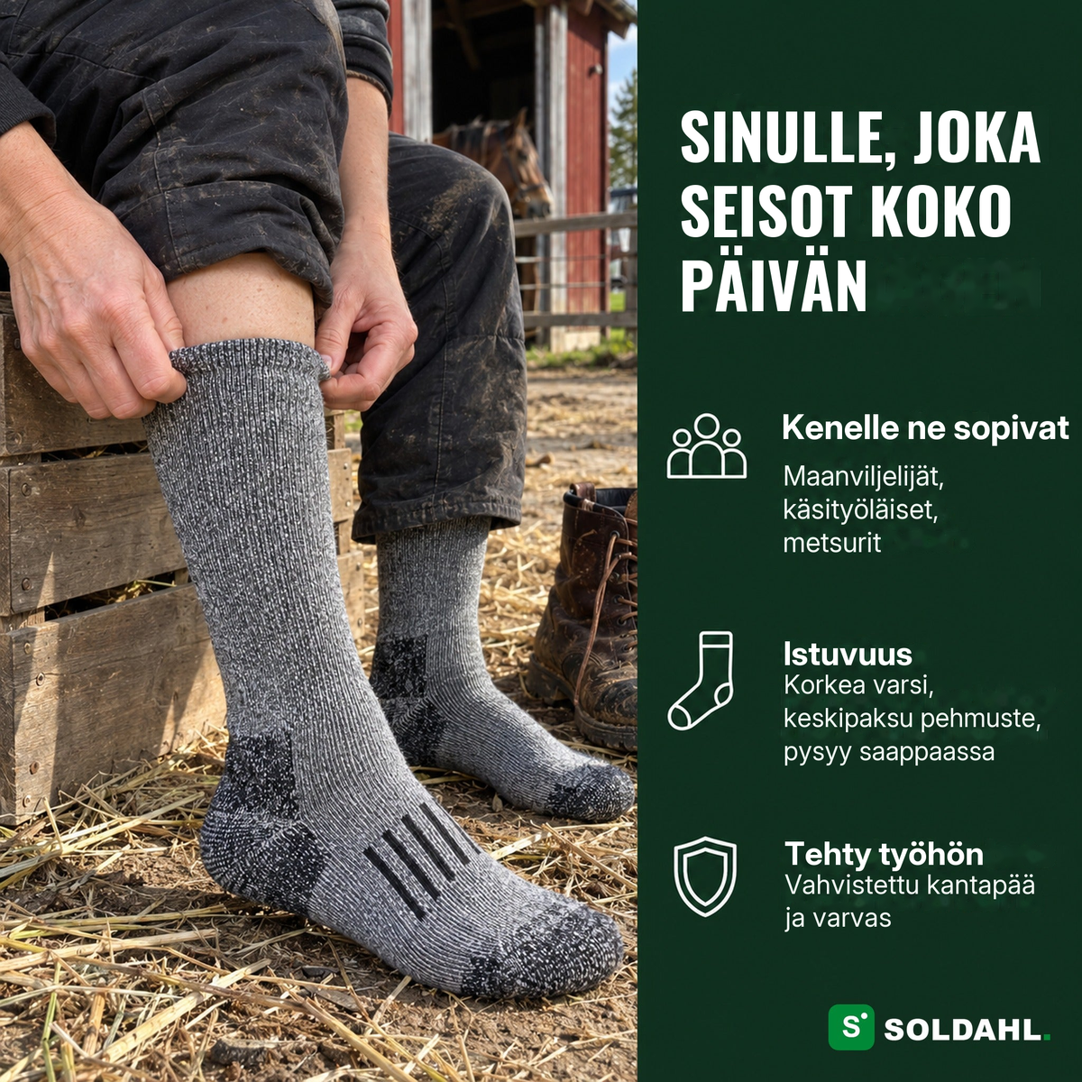 Nainen vetää harmaata työsukkaa jalkaan tallin pihalla, sinulle, joka seisot koko päivän