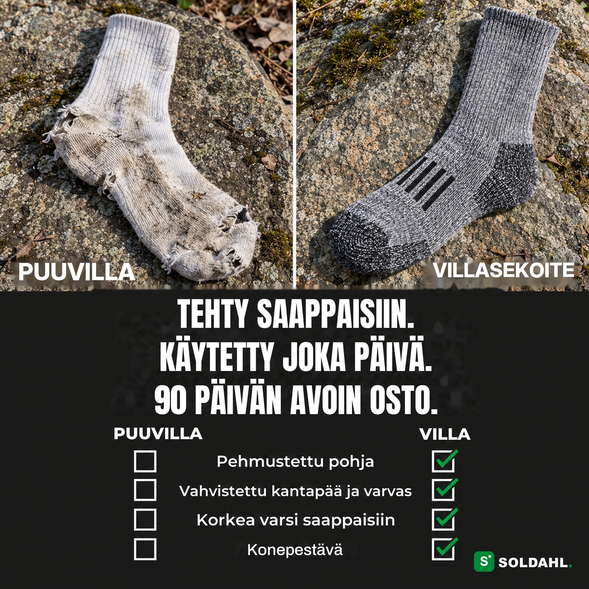 Vertailu kuluneen puuvillasukan ja villasekoitteisen työsukan välillä tarkistuslistan kanssa