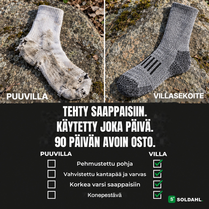 Vertailu kuluneen puuvillasukan ja villasekoitteisen työsukan välillä tarkistuslistan kanssa