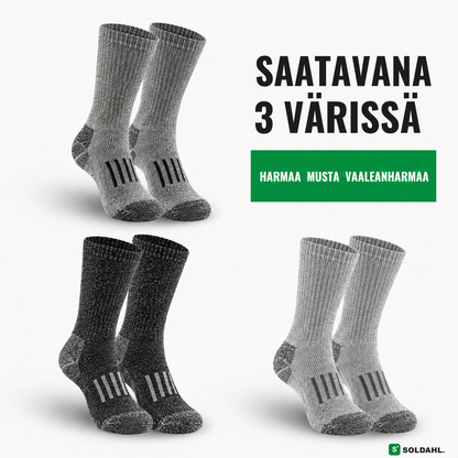 Työsukat kolmessa värissä: harmaa, musta ja vaaleanharmaa