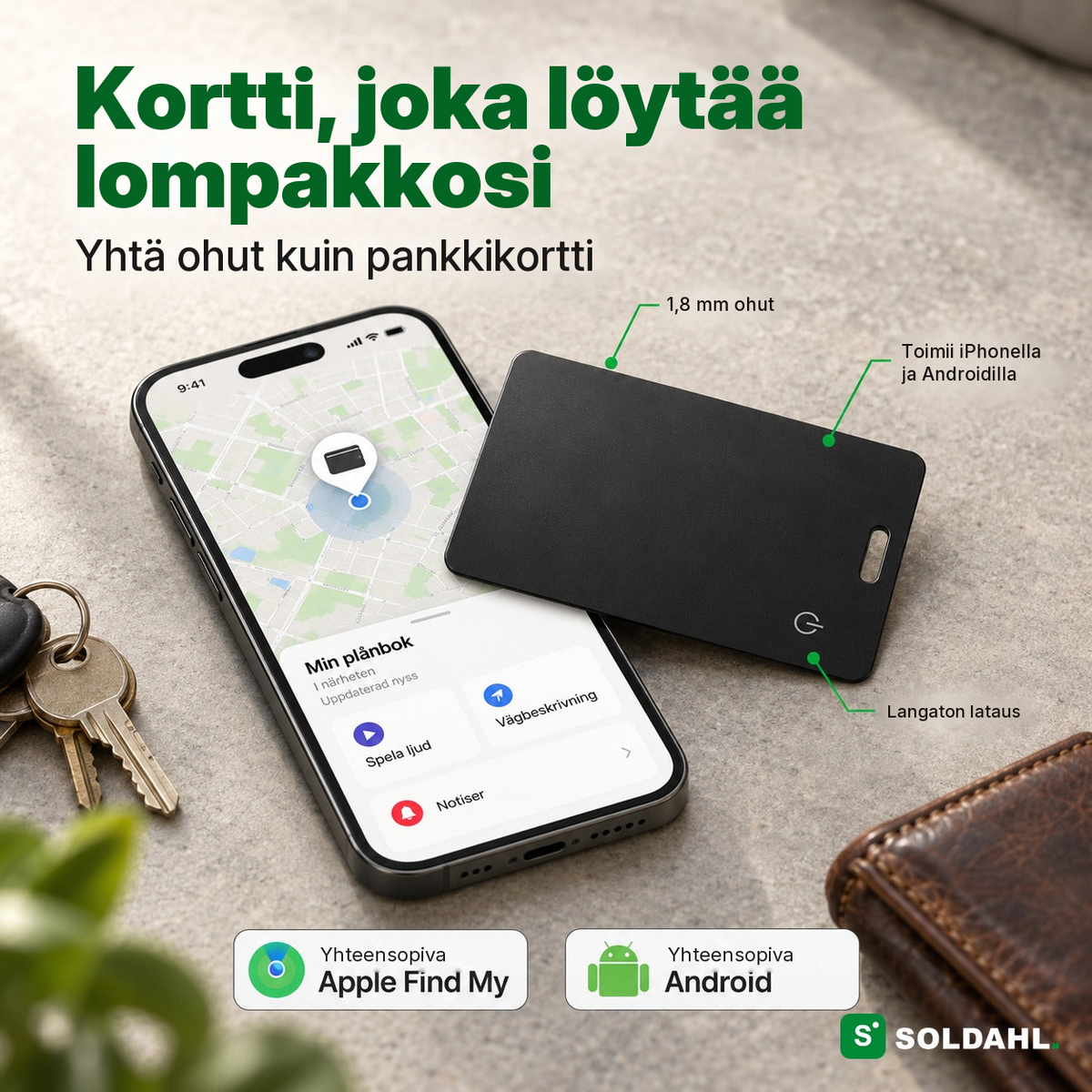 Musta pankkikortin kokoinen paikannin puhelimen vieressä, puhelin näyttää lompakon sijainnin kartalla