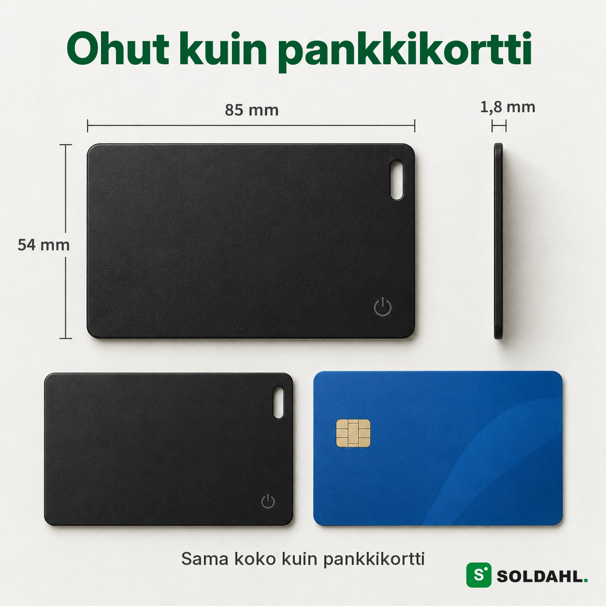 Mittakuva 85 x 54 x 1,8 mm näyttää, että paikannin on yhtä suuri kuin pankkikortti