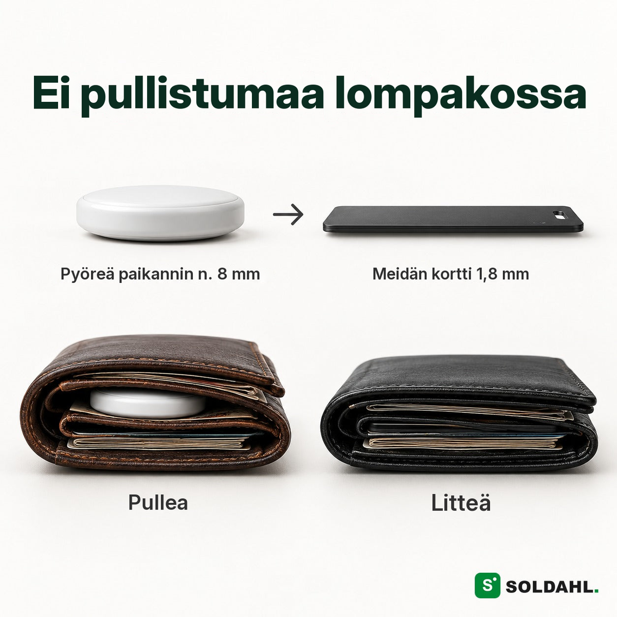 Vertailu: pyöreä paikannin pullistaa lompakkoa, litteä Spårkort ei