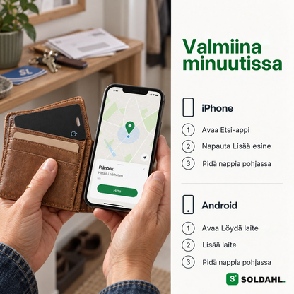 Kädet laittavat paikantimen lompakkoon, ja puhelin näyttää lompakon löytyneen läheltä