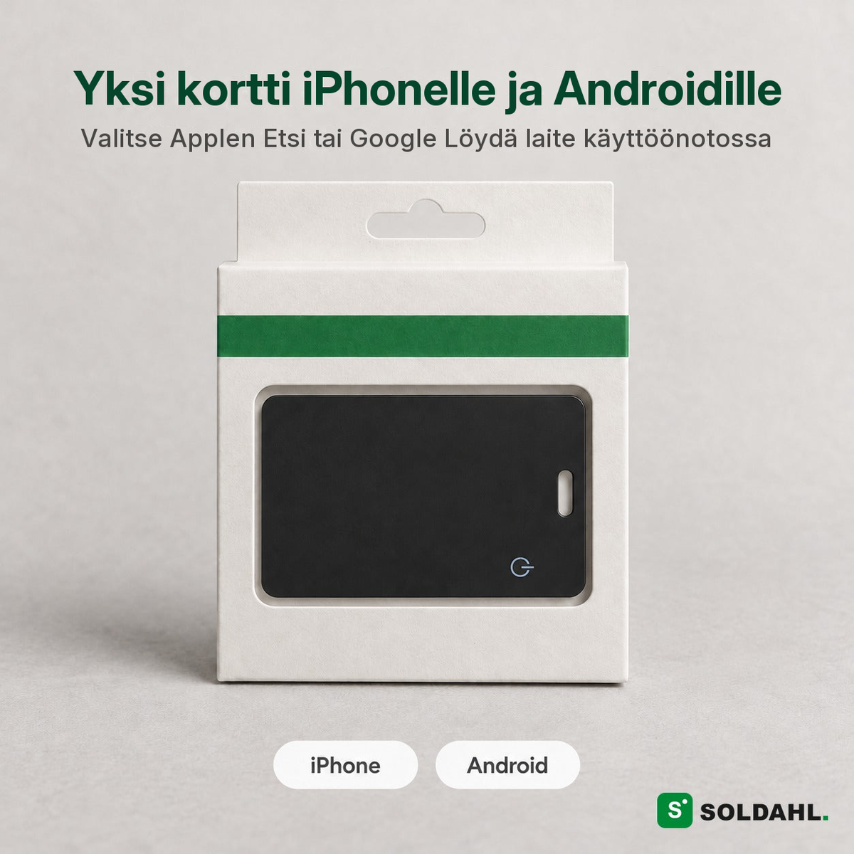 Merkitsemätön pakkaus, jossa paikannin ja tarrat iPhonelle ja Androidille