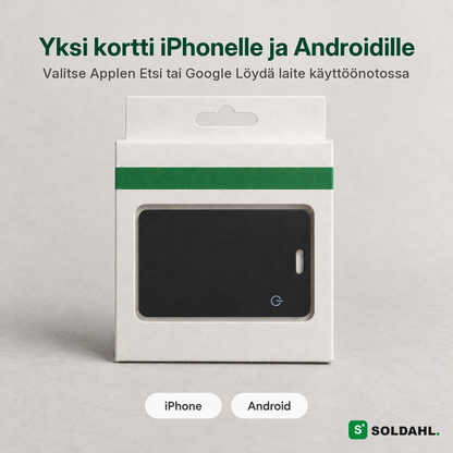 Merkitsemätön pakkaus, jossa paikannin ja tarrat iPhonelle ja Androidille