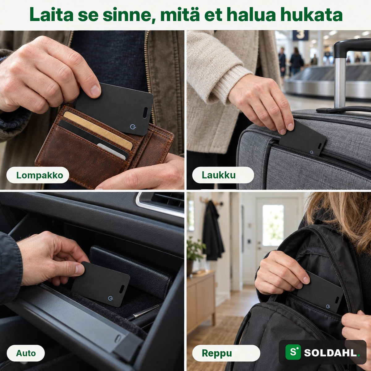 Neljä kuvaa, joissa paikannin laitetaan lompakkoon, matkalaukkuun, autoon ja reppuun