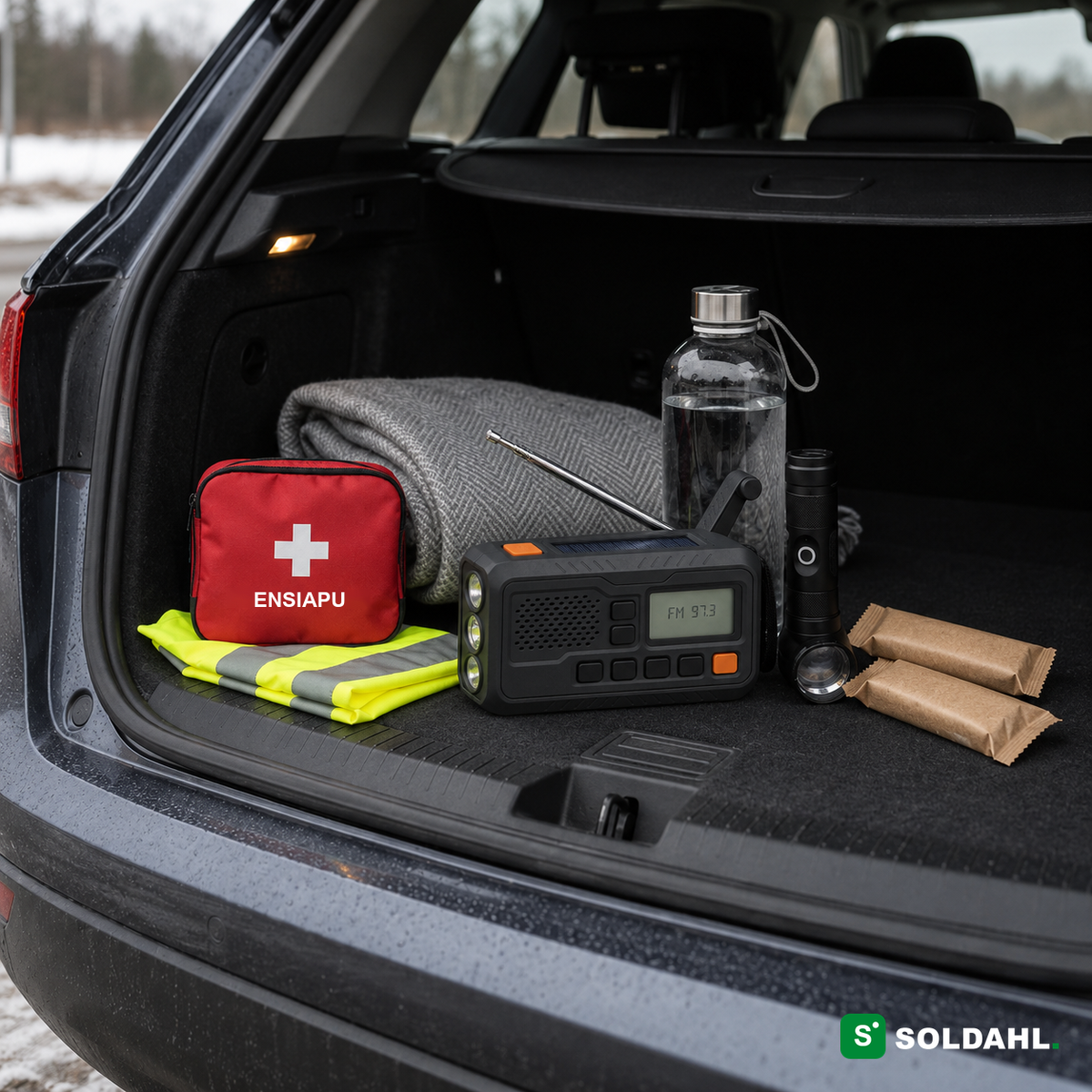 Soldahl Stormvakt hätäradio auton tavaratilassa ensiapulaukun, huovan ja heijastinliivin kanssa