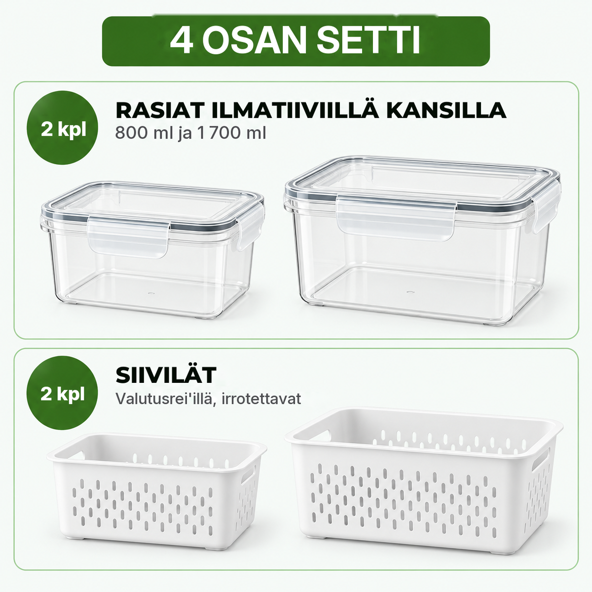 4 osan settiin sisältyy: 2 rasiaa ilmatiiviillä kansilla ja 2 siivilää