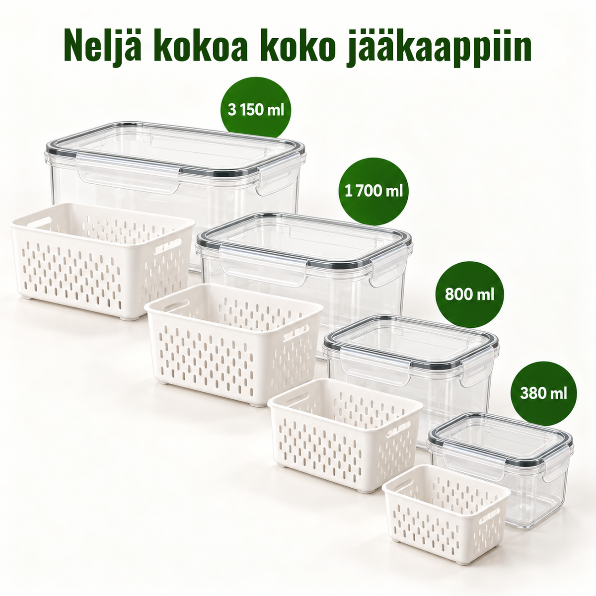 Rasiat siivilöineen neljässä koossa: 380, 800, 1 700 ja 3 150 ml (8 osan setti)